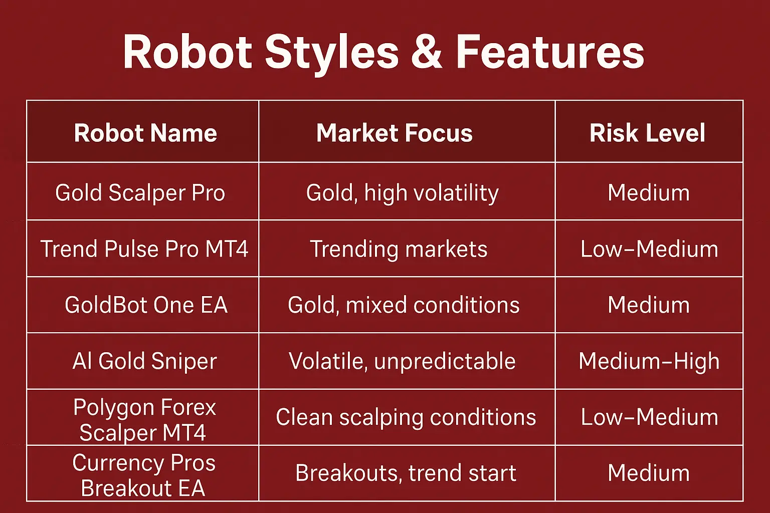 Comparison Table — Robot Styles & Features